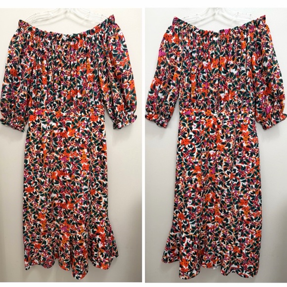 SALONI Grace Silk Midi Dress Off Shoulder Floral Multi Size 8 - Picture 3 of 12